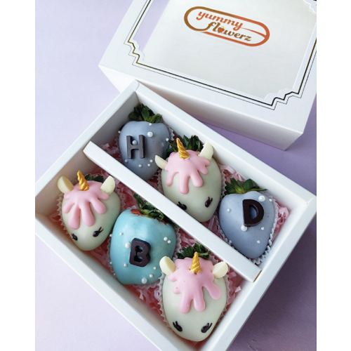 6pcs Pastel B.P.P Unicorn "HBD" Chocolate Strawberries Gift Box
